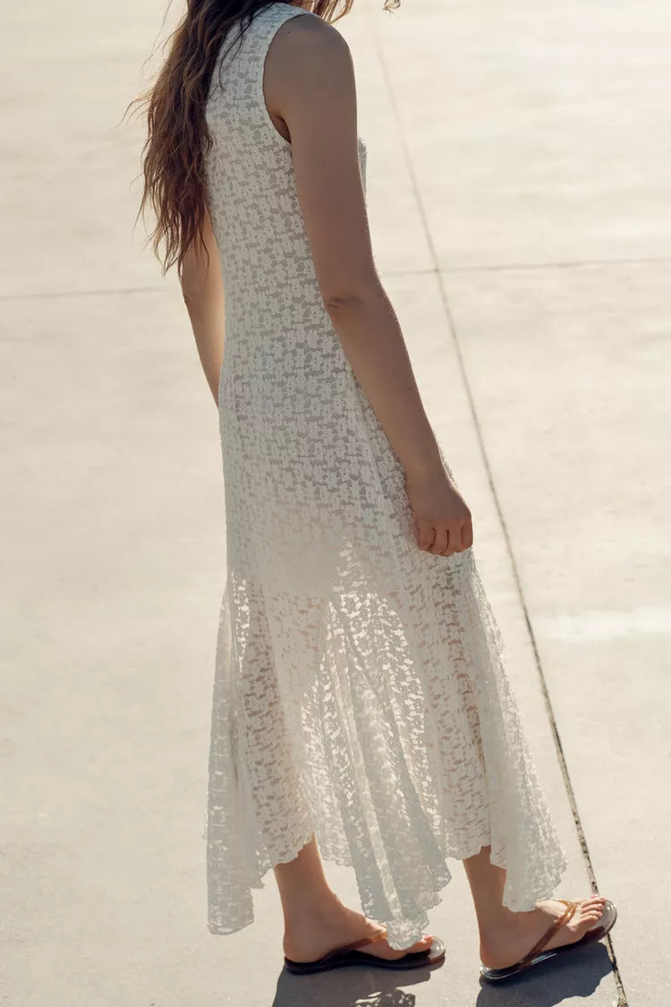 SOFT LACE ASYMMETRICAL MIDI DRESS